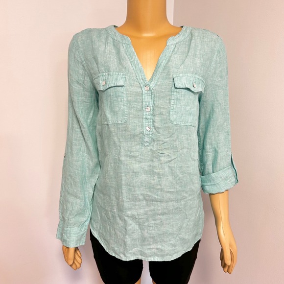 Talbots Tops - TALBOTS Women's Aqua Blue Linen Blend V Neck Roll Tab Sleeve Shirt Top Size S